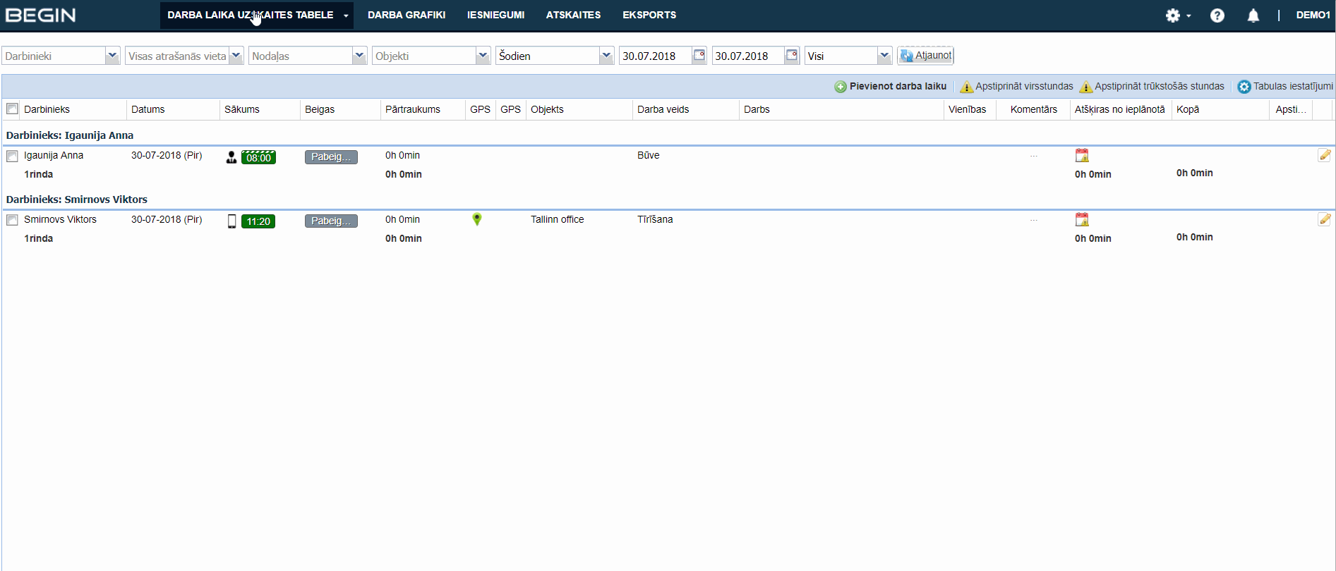 Begin Digitālās darba laika uzskaites tabeles